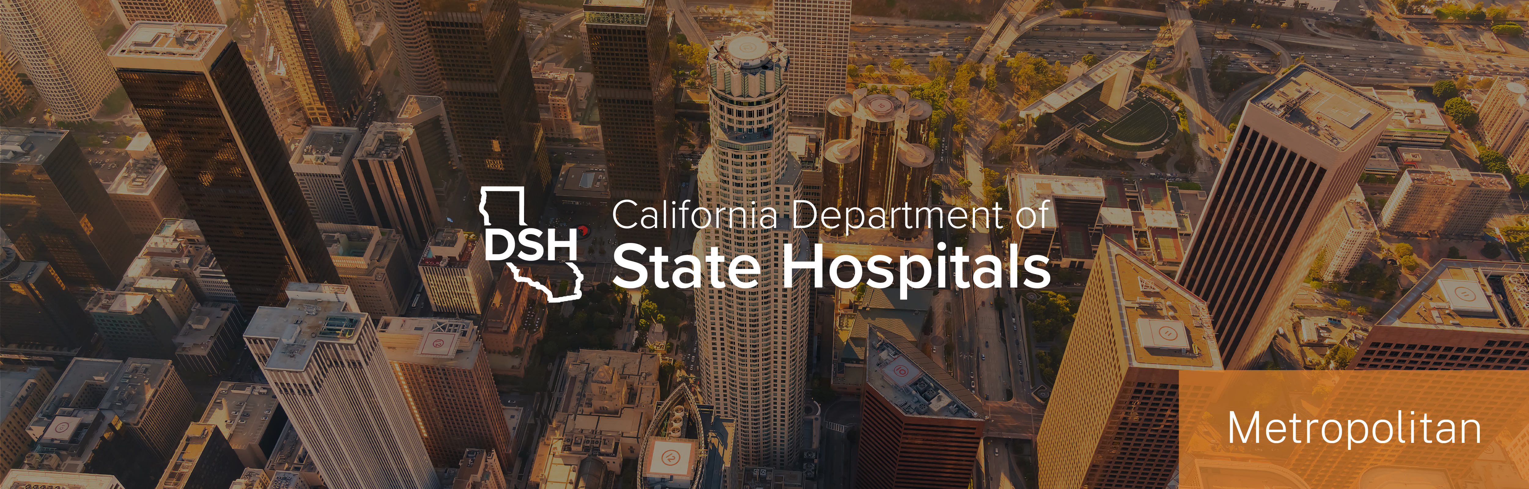 Areal view of downtown Los Angeles and header for Department of State Hospitals Metropolitan